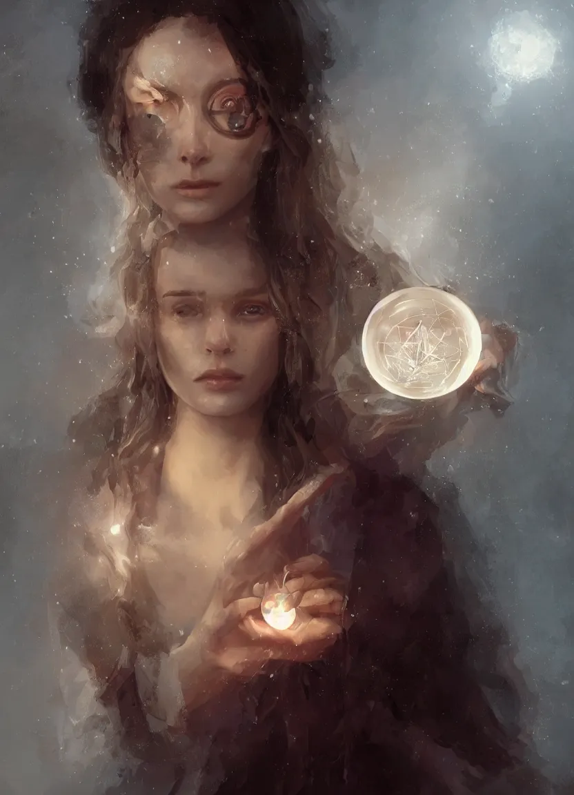 Prompt: portrait of a young wiccan witch with a crystal ball, true anatomy, detailed face, highly detailed, by greg rutkowski