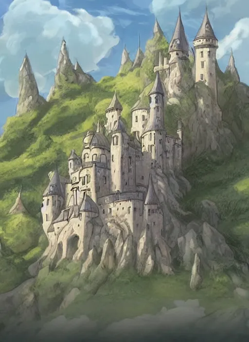 Prompt: cartoon illustration of a castle on top of a hill, concept art by hayao miyazaki, featured on pixiv, fantasy art, concept art, official art, anime aesthetic