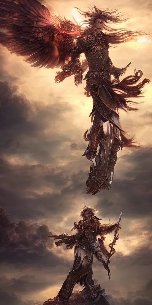 Image similar to magical warrior ascending through the heavens, fantasy apocalypse, digital art, highly detailed, mmo, 4 k,