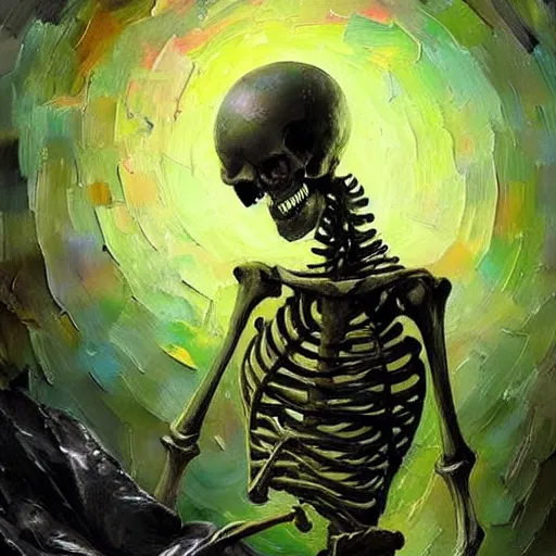 Prompt: A highly detailed oil painting by Greg Rutkowski and Afremov of a skeleton wearing a black cloak making a potion glowing bright green in a huge bubbling cauldron.