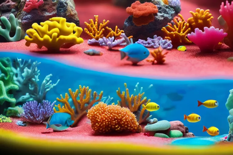 Image similar to fisher price coral reef, california scene from tv show hyper detailed 5 5 mm 8 5 mm, toy photography, made out of plastic