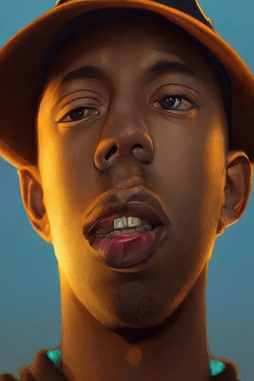 Image similar to portrait of tyler the creator with hat, staring directly into camera, intricate, elegant, glowing lights, highly detailed, digital painting, artstation, sharp focus, illustration, art by wlop, mars ravelo and greg rutkowski