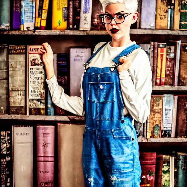 Image similar to full body pose, beautiful adult book fairy, pixar, short white hair shaved sides, dirty, grungy, grunge, long sleeve, painted overalls, stacks of giant books, highly detailed, 4 k, hdr, smooth, sharp focus, high resolution, award - winning photo, artgerm, photorealistic