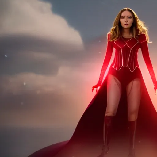 Image similar to movie still of elizabeth olsen as the scarlet witch afloat!!!!! in the air with red glowing eyes, emanating red magic!!!!! from her palms, full - body portrait, trending on artstation, 8 k quality, cgsociety contest winner, artstation hd, artstation hq, luminous lighting, beautiful cloudy atmosphere