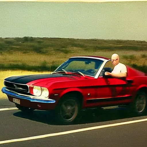 Prompt: coloured photograph of a muscled young white bald guy with broad shoulders, black shirt and a large chest driving a racing red mustang down a british road, high detail, very clear faces