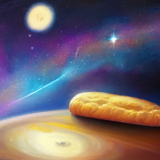 Image similar to loaf of bread in space, stylish painting, dramatic, bread, milky way galaxy, artstation award, concept art