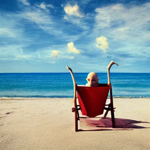 Prompt: nosferatu sunbathing on a beach chair, big smile on his face colorful photograph, beautiful sunny day