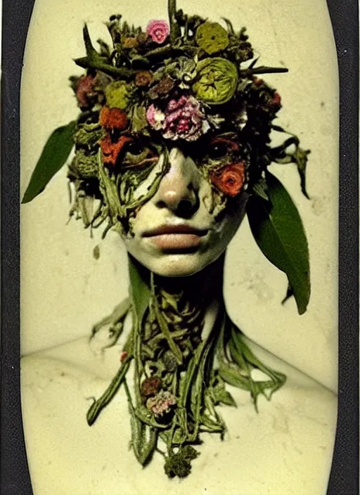 Prompt: beautiful and detailed rotten woman made of plants and many different types of flowers, muscles, intricate, organs, ornate, surreal, john constable, guy denning, gustave courbet, caravaggio, romero ressendi 1 9 1 0 polaroid photo