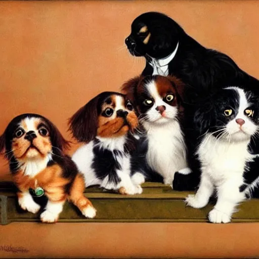 Image similar to Cavalier King Charles Spaniel, two ragdoll kittens and one black cat drinking beer in the style of norman rockwell