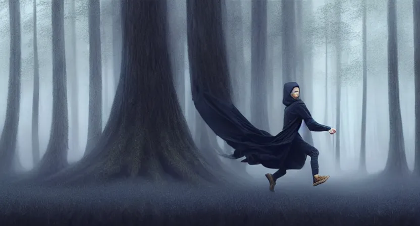 Image similar to handsome mage running away from giant tree, black hair wearing square hooded gothic navy cloak with gold details, misty forest, movie action still frame, ultra wide horizon, intricate, elegant, highly detailed, hyperrealism, digital painting, concept art, smooth, sharp, focus, illustration, art by artgerm, greg rutkowski, ilya kuvshinov