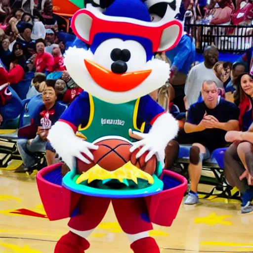 Prompt: Chuck E Cheese Mascot Playing Basketball