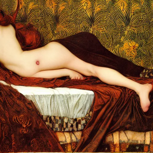 Image similar to reclining on bed, hybrid of judy garland and nicki minaj, aged 2 5, brown fringe, huge downslanted eds eyes, large full lips, wide shot, yellow ochre ornate medieval dress, john william waterhouse, kilian eng, rosetti, john everett millais, william holman hunt, william morris, 4 k