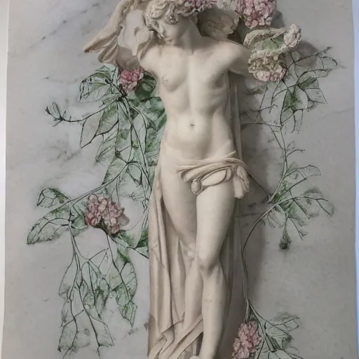 Image similar to delicate marble statue in a garden, stony, puffy, botanical herbarium paper, botanic, watercolors, pencil, iridescent colors, 8 k, realistic shaded, fine details, artstation, italian, colonnade, hydrangea, vines, gardena architecture, pompeii