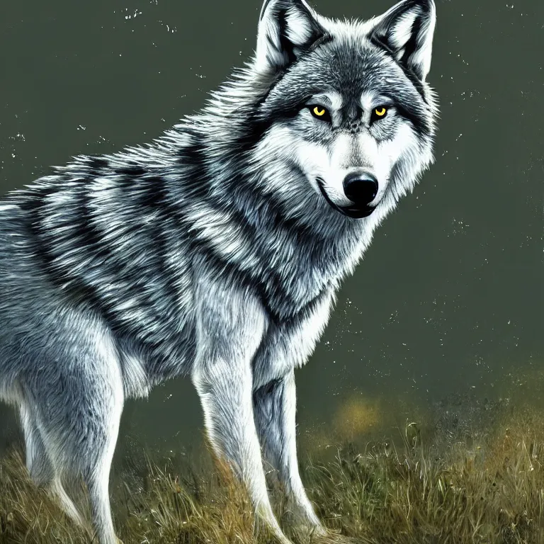 Image similar to Majestic wolf on the heath. Rough brushstrokes. Beautiful detailed scene. Interesting natural colour scheme. Beautiful artistic digital painting by Lurid (2022)