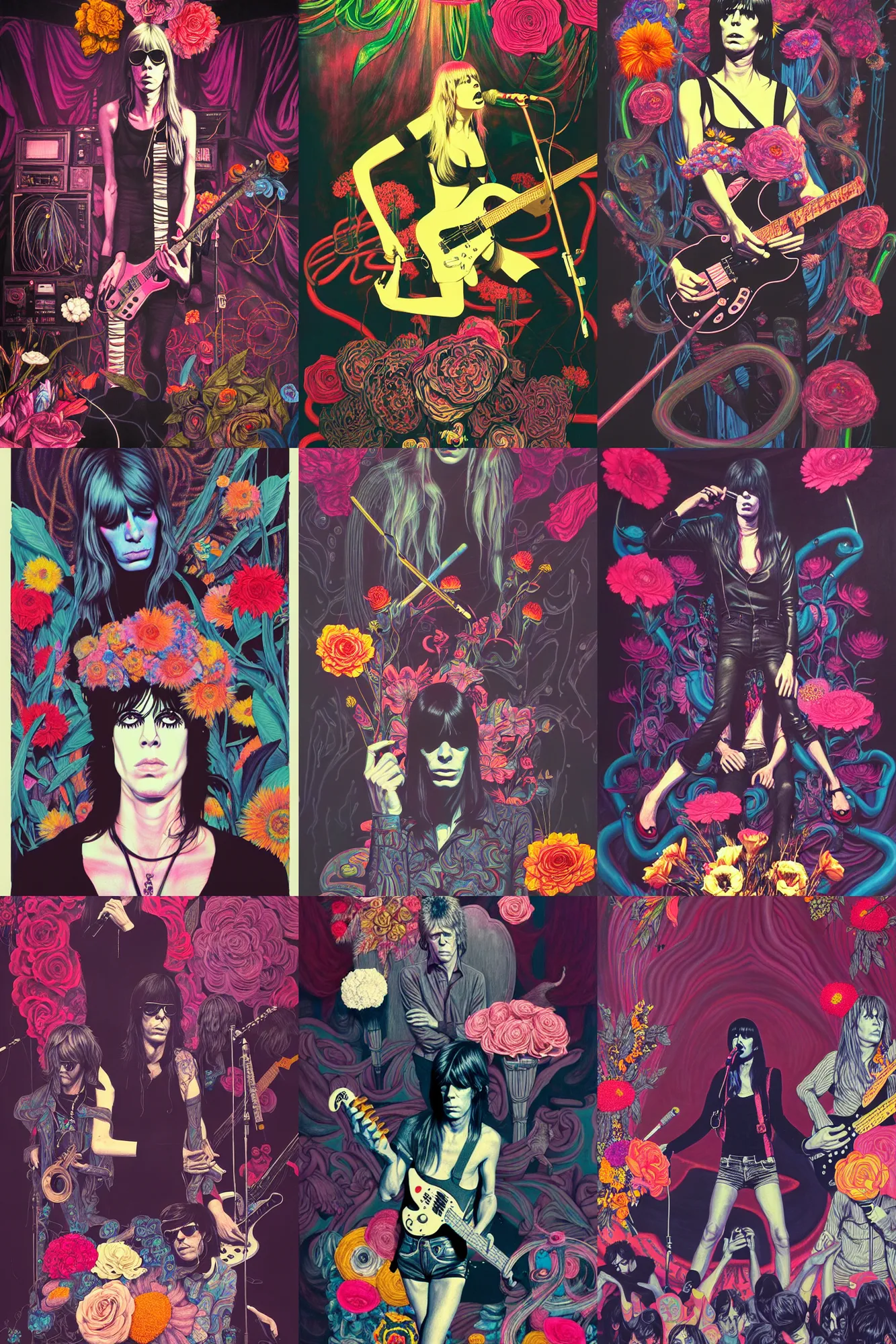 Image similar to the velvet underground and nico playing live on stage at a night club, beautiful stage decoration with flowers in the background, painting by james jean, very detailed and colorful and toned down and ornamental and moody and cool and relaxed and high on drugs, trending on artstation, behance contest winner