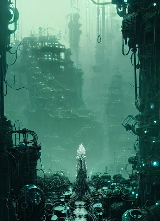 Image similar to highly detailed portrait of a frostpunk long curly white hair tribal lady, stray wiring by atey ghailan, james gilleard, by joe fenton, by greg rutkowski, by greg tocchini, by kaethe butcher, 4 k resolution, gradient green, black and white color scheme!!! ( ( green slime robotic dystopian city background ) )