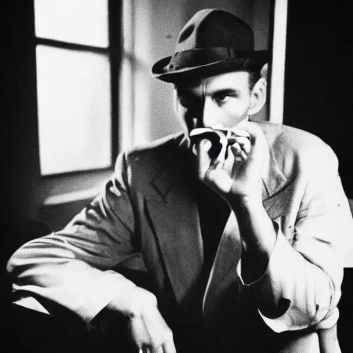 Image similar to portrait of jerma 9 8 5 as a private investigator, noir style, 1 9 4 0's, film photograph, high detail, smoking a cigarette, grainy