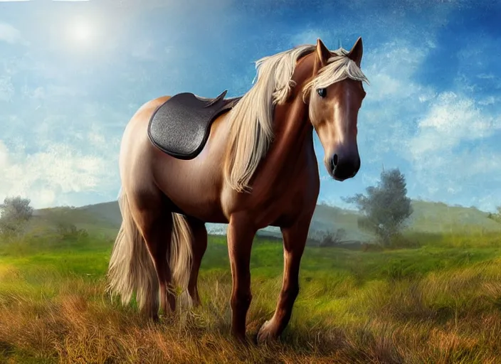 Image similar to concept art of horse with a algie, carrying a saddle bag, digital art, photo realistic, highly detailed