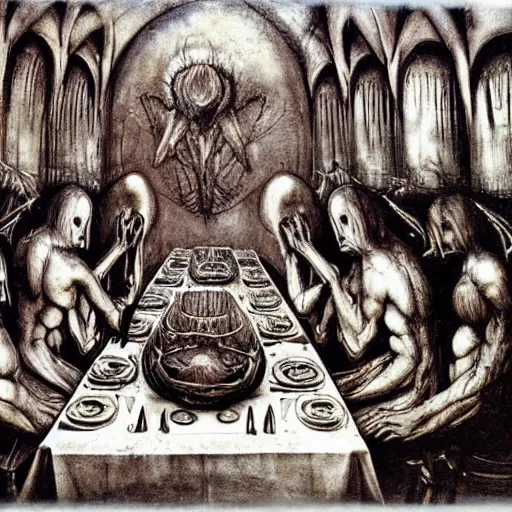 Image similar to last dinner da vinci by Rudolf Giger;