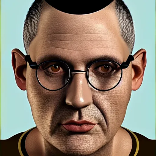 Prompt: 50 year old greying brunette man with very short hair, buzz cut, round round round face round face round face, square face, round jaw, wide chin , romanian, silver silver glasses, romanian heritage, brown eyes, brown eyes, olive skin, round nose, round chin, clean shaven wide face, thin lips, digital art, cgsociety, painterly, painting, 8k, illustration, beautiful, art by loish, painterly, trending on artstation, medium shot, uncropped