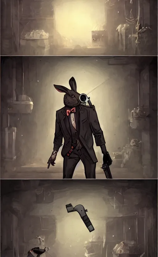 Image similar to rabbit as a hitman, dynamic lighting, fantasy concept art, trending on art station, stunning visuals, creative, cinematic, ultra detailed, comic strip style