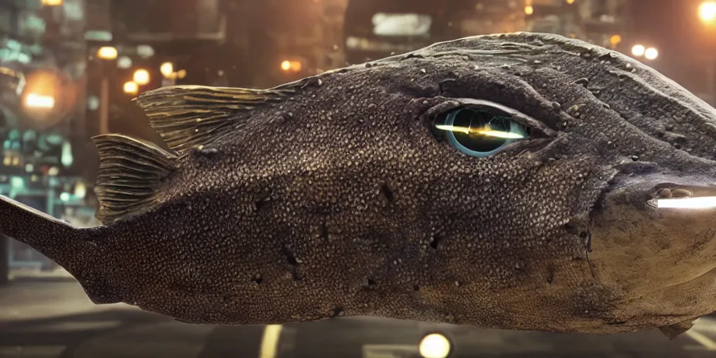 Image similar to low - angle medium shot of an steampunk tetrapod trigger fish from the future on its first day of driver's ed learning to parallel park. 8 k, 4 k, hq, 3 d render, digital art, dramatic lighting, comedy, science fiction, hyper realistic, ultra detailed. style of arrival, fifth element.