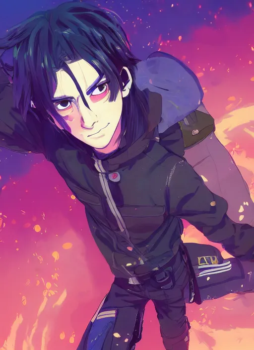 Image similar to teenager boy with straight indigo hair, purple eyes with red eye markers, slim body, wearing a detailed japanese combat clothes, golden details. rich vivid colors, ambient lighting, dynamic lighting, 4 k, official media, anime key visual, makoto shinkai, ilya kuvshinov, lois van baarle, rossdraws, detailed, trending on artstation