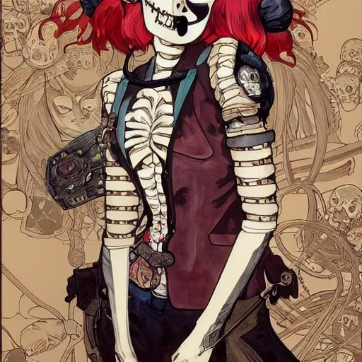 Prompt: anime manga skull portrait girl female HarleyQuinn skeleton illustration sunset art Geof Darrow and Ashley wood and Ilya repin and alphonse mucha pop art nouveau