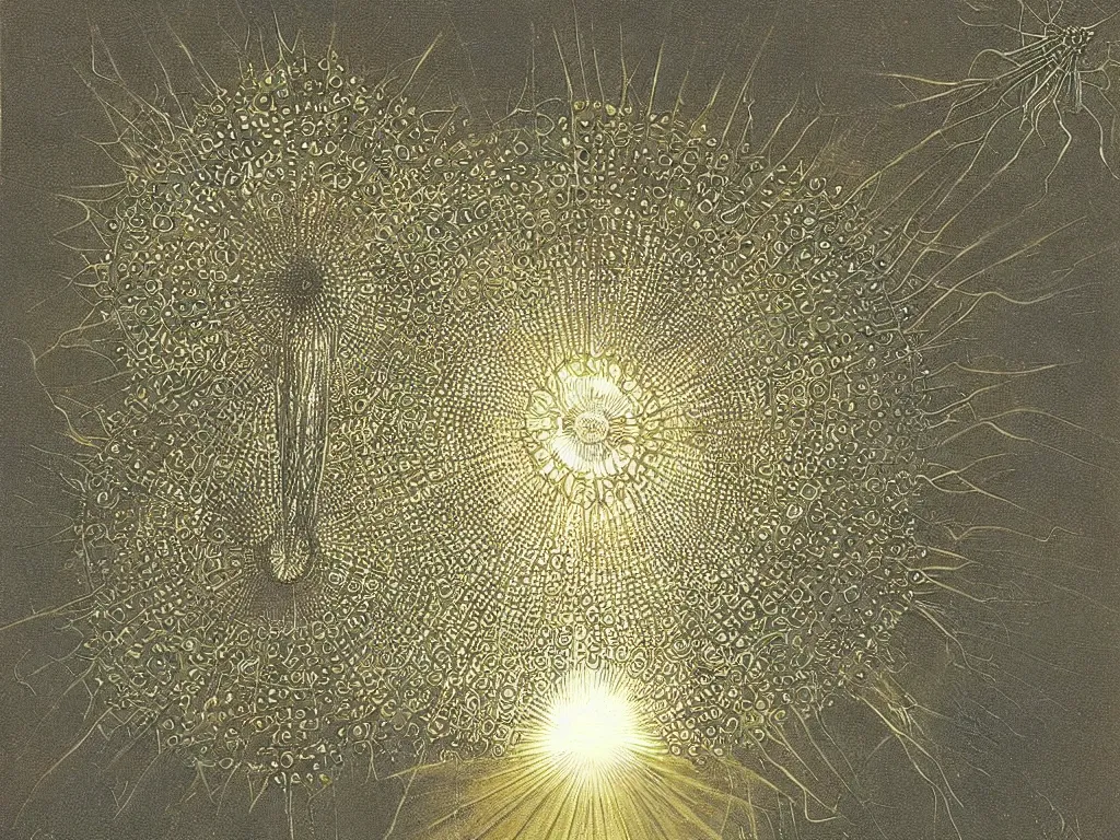 Prompt: The sun rays taking the shape of a radiolarian. Painting by Ernst Haeckel, Roger Dean, Caspar David Friedrich