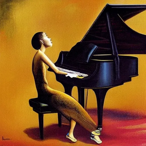 Image similar to beautiful painting of a light skinned woman with short hair playing a piano, digital art by Salvador Dali