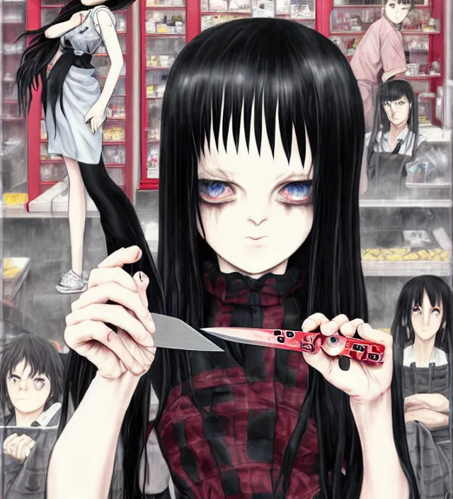 Image similar to portrait of a morbid 18 year old young woman wearing a grunge aesthetic dress with straight silky black hair, in a butcher shop, queen of sharp razorblades holds a single individual razerblade her hand and shows it to the user, in the style of Range Murata and by Katsuhiro Otomo.