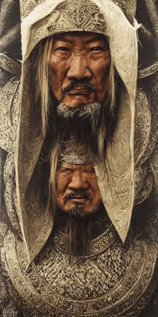 Image similar to a stunning and noble highly detailed portrait of genghis khan by h. r. giger, trending on artstation, oil painting masterpiece, symmetry, mysterious, very very very aesthetic