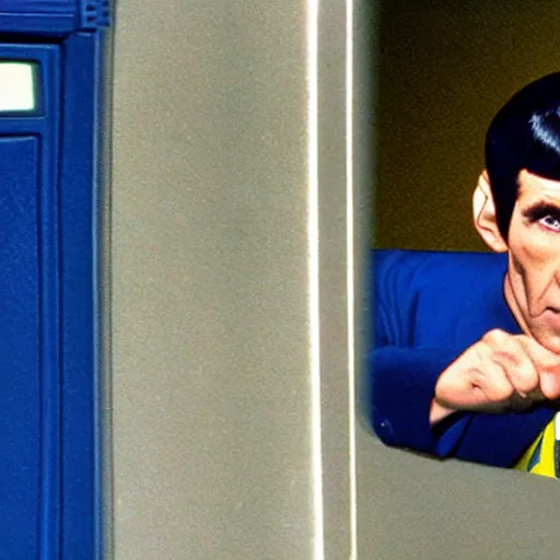 Image similar to color photo of mr spock blue uniform exiting the tardis