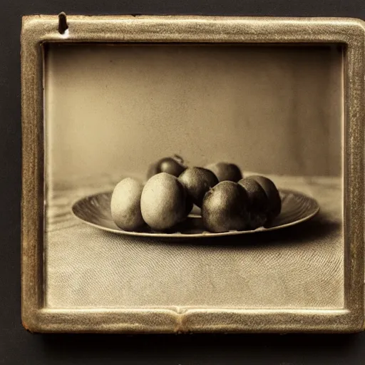 Image similar to still life with a bowl of fruit, wet plate photography, collodion, daugerrotype