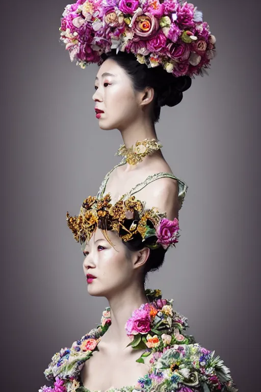 Image similar to a beautiful empress portrait, with a brilliant, impossible striking big flower headpiece, clothes entirely made out of flowers, symmetrical, dramatic studio lighting, rococo, baroque, jewels, asian, hyperrealism, closeup, D&D, fantasy, intricate, elegant, highly detailed, digital painting, artstation, octane render, 8k, concept art, matte, sharp focus, illustration, art by Artgerm and Greg Rutkowski and Alphonse Mucha