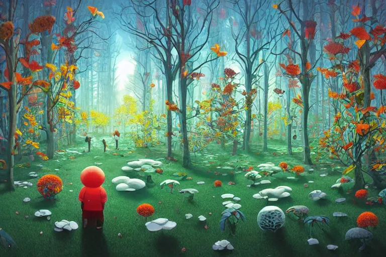 Prompt: surreal glimpse into other universe, inside a marshmallow forest, summer morning, very coherent and colorful high contrast, art by!!!! gediminas pranckevicius!!!!, geof darrow, dark shadows, hard lighting