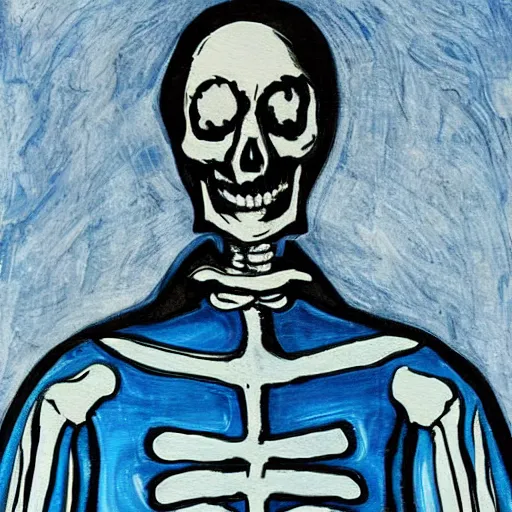 Prompt: skeleton wearing blue puffy jacket, classic painting, church hall background