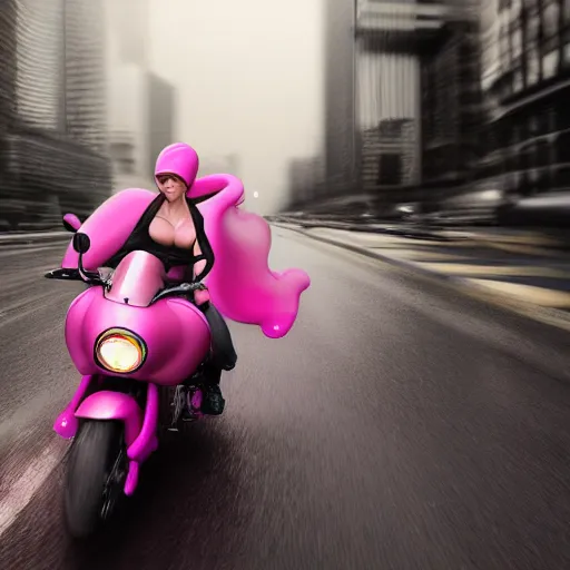 Prompt: hyper realistic, photo, humanoid pink female Squid girl, riding a motorcycle wheelie fast in the rainy city traffic