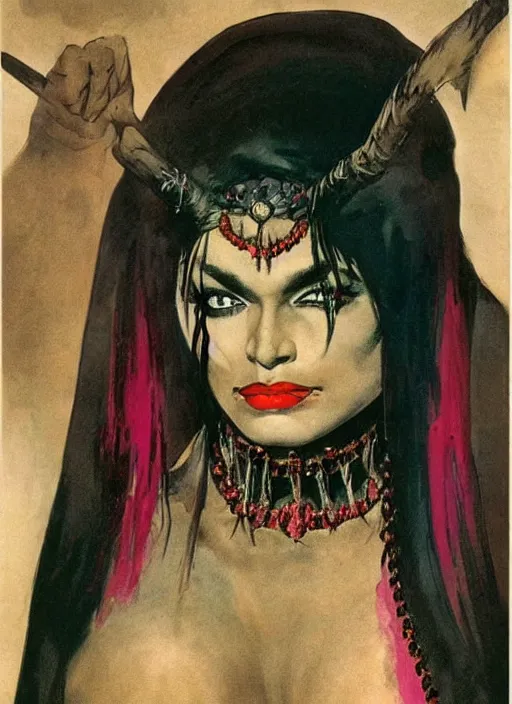 Image similar to portrait of muscular indian vampiress, jeweled veil, strong line, saturated color, beautiful! coherent! by frank frazetta, high contrast, minimalism