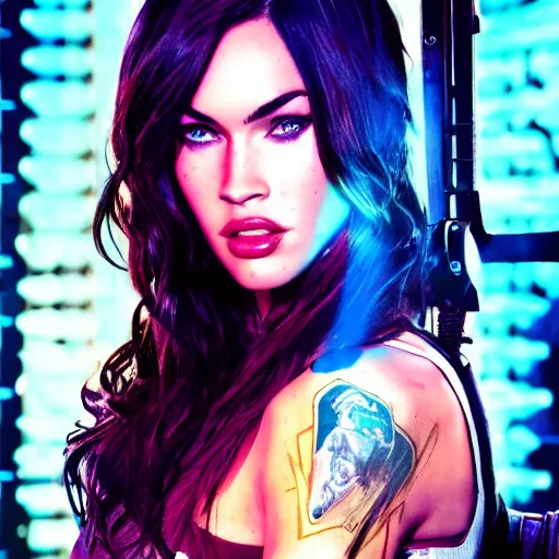 Image similar to megan fox portrait, borderlands, tales from the borderlands, the wolf among us, comic, cinematic lighting, studio quality, 8 k