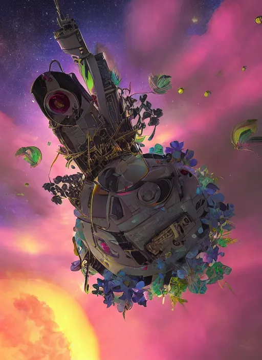 Image similar to An epic fantastic realism comic book style painting of the most beautiful flowers launched into space, bouquets, fisheye lens, unreal 5, DAZ, hyperrealistic, stars in the night sky, octane render, dynamic lighting