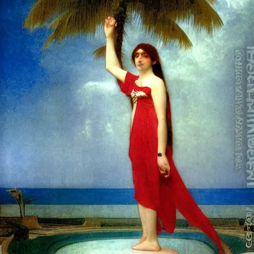 Image similar to Girl throwing gand signs at the palace, thunderstorm, pool, beach and palm trees on the background major arcana sky, by paul delaroche, alphonse mucha and arnold böcklin arnold böcklin hyperrealistic 8k, very detailed