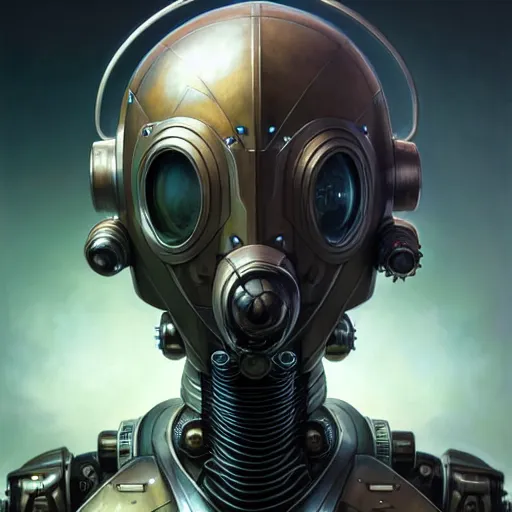 Image similar to front shot of a cyberpunk gazmask robot character, intricate, elegant, highly detailed, centered, digital painting, artstation, concept art, smooth, sharp focus, illustration, artgerm, Tomasz Alen Kopera, Peter Mohrbacher, donato giancola, Joseph Christian Leyendecker, WLOP, Boris Vallejo