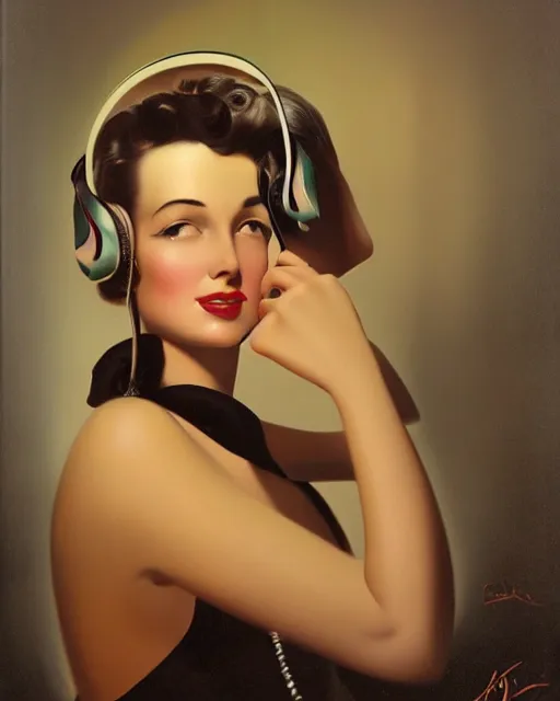 Prompt: young beautiful woman in office wearing headset by Rolf Armstrong