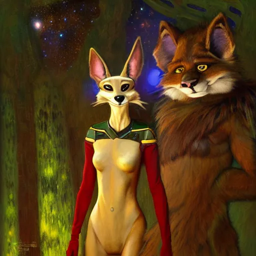 Image similar to a portrait of a female alien in starfleet uniform at night in a dark forest. zootopia fursona furaffinity furry art detailed face painting by gaston bussiere craig mullins jc leyendecker gustav klimt artgerm greg rutkowski furry