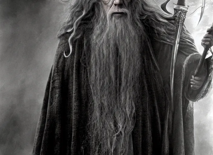 Image similar to gandalf played by lance henriksen stood outside orthanc, style of h. r. giger, directed by david fincher