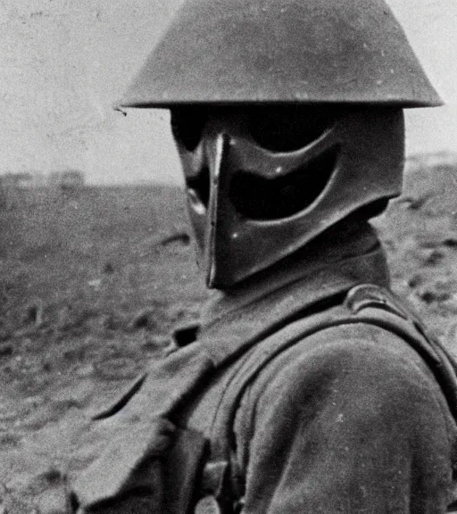 Image similar to a soldier wearing a scary mask in distance, ww1 film photo, grainy, high detail, high resolution