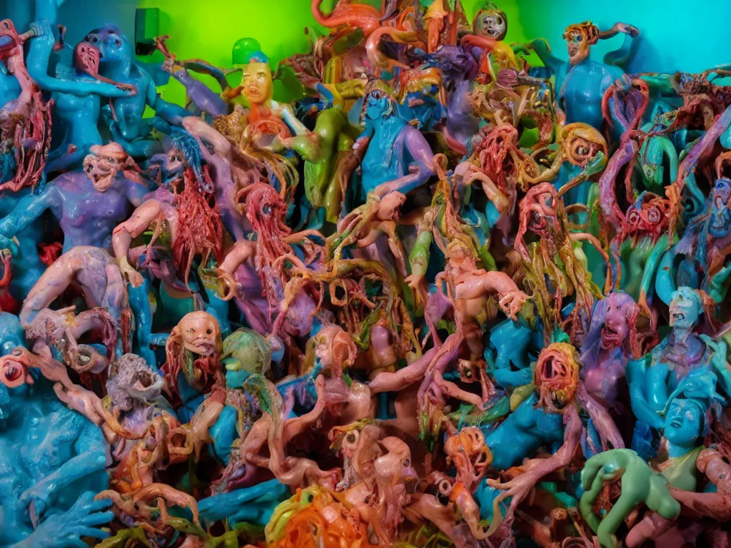 Prompt: diorama of the raft of the medusa as an animatronic schlock body horror comedy film, fun, animatronic figures, Sally Corporation, Garner Holt, play-doh, lurid, vivid colors, neon lights, rubber latex, realistic materials, fleshy, Cronenberg, Rick Baker, daylight, photo real, wet, slimy, wide angle, rule of thirds, 28mm, 1984, Eastman EXR 50D 5245/7245