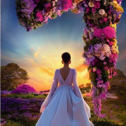 Image similar to A world of various flowers and plants, in which there is a figure of a human, dressed in something magical and impressive, inside this clothes infinity is all in sunset light, Atmospheric Phenomenon