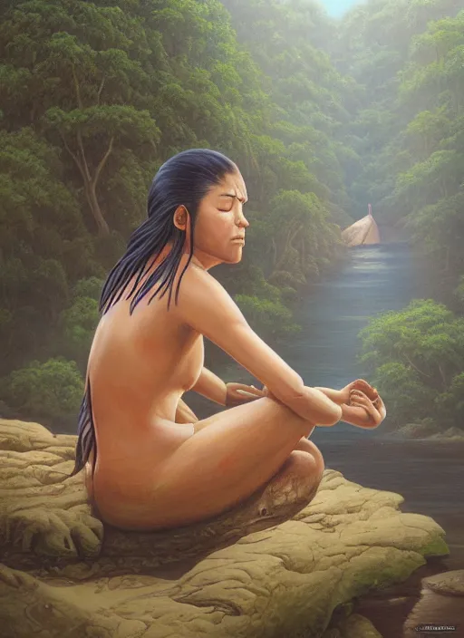 Image similar to a realistic painting of an indigenous woman meditating near a river in the amazon jungle, highly detailed, trending on devian art, art by christophe vacher